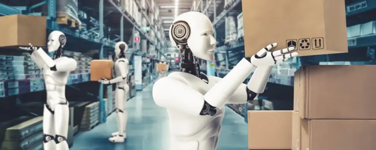 robots trabajando en una bodega haciendo trabajo de humanos.