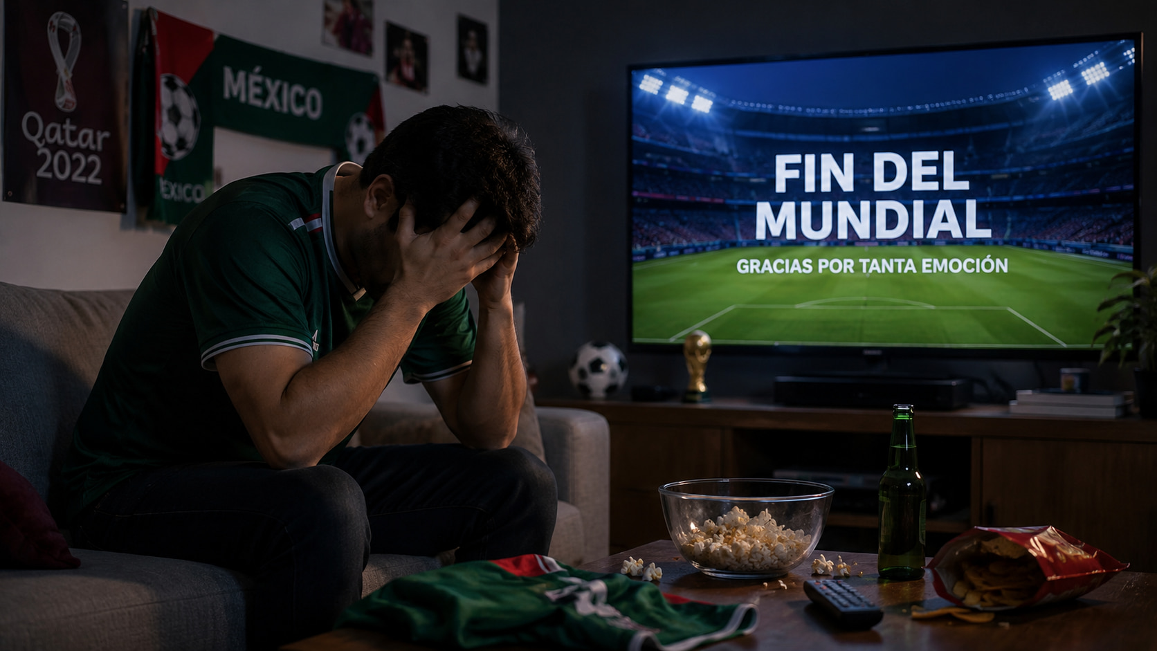 Aficionado sentado frente al televisor con expresión de tristeza tras el final de la Copa del Mundo, representando la llamada cruda mundialista o World Cup Withdrawal.
