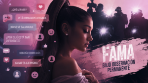 Ariana Grande frente a cámaras y flashes como símbolo de la presión pública y el escrutinio en redes sociales.