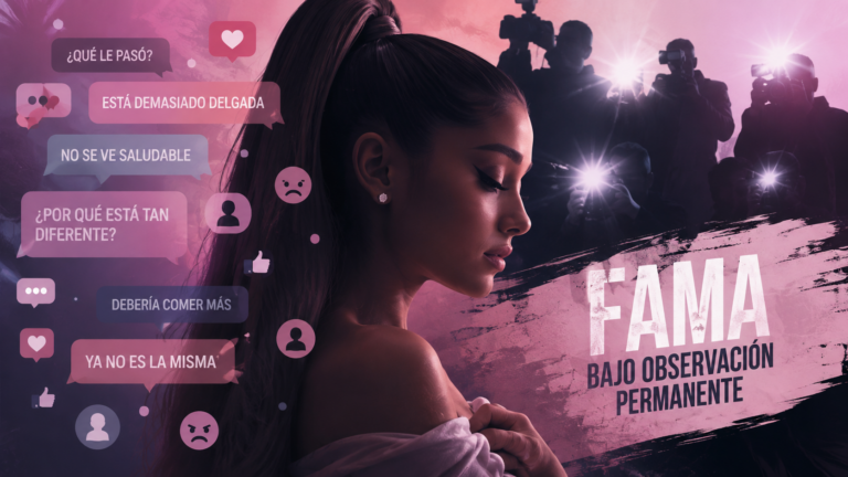 Ariana Grande frente a cámaras y flashes como símbolo de la presión pública y el escrutinio en redes sociales.