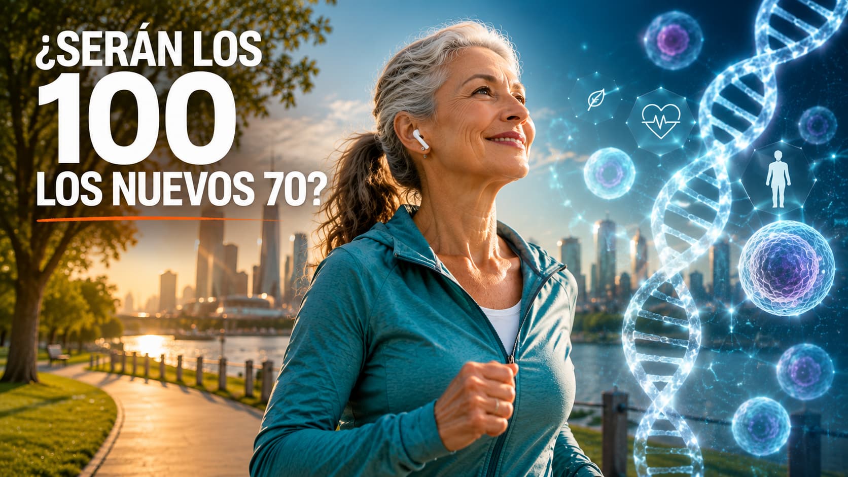 Mujer mayor saludable representando los avances científicos en longevidad y envejecimiento saludable.